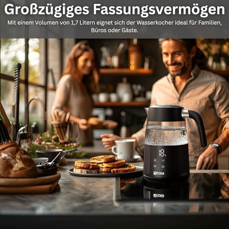 ecosa Wasserkocher EO-699, 1.7 l, 2200 W, digitales Farb-Touchdisplay, 13 Temperaturstufen, Warmhaltefunktion, Kalkfilter, Borosilikatglas – Bild 8