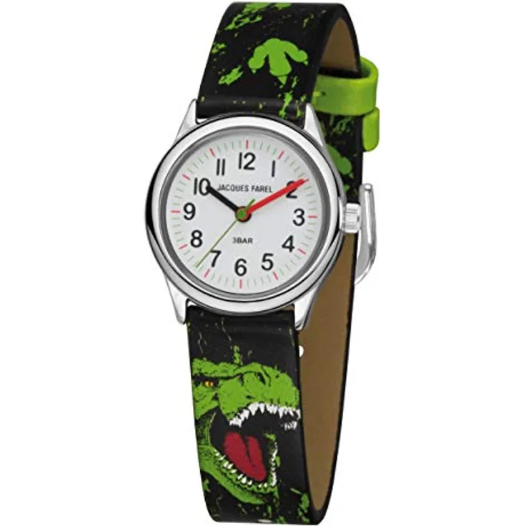 JACQUES FAREL Jungenuhr Dinosaurier T-Rex schwarz grün Metall Jungen Quarz analog HCC 921 - mit deutlichem Zifferblatt und veganem Kunstlederband