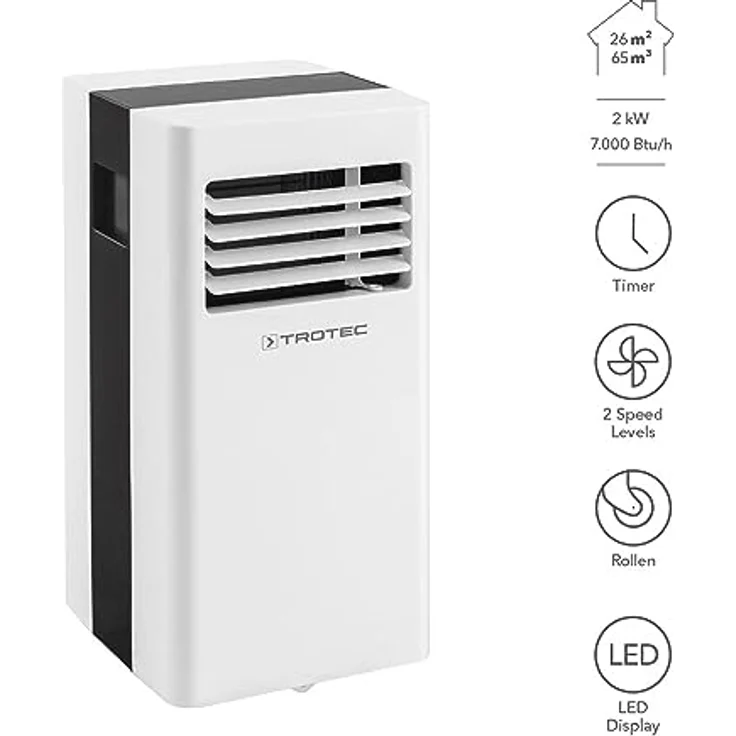 TROTEC PAC 2100 X mobile Klimaanlage 3-in-1 Kühlung, Ventilation, Entfeuchtung Monoblock-Klimagerät 2 kW 7.000 BTU/h für Raumgrößen bis 26 m² und 65 m³ 2 Ventilationsstufen, Energieeffizienzklasse A, weiß – Bild 2
