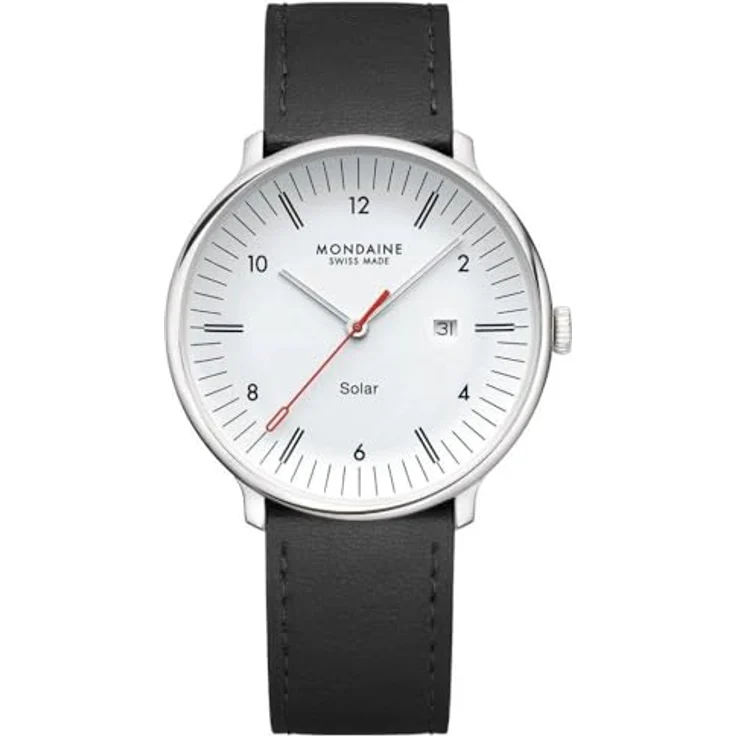 Mondaine Herren Analog Quarzwerk Uhr MLE.41910.LBV, Edelstahlgehäuse, schwarzes Lederarmband, solarbetrieben, kratzfestes Antireflex-Saphirglas mit Kalenderfunktion – Bild 2