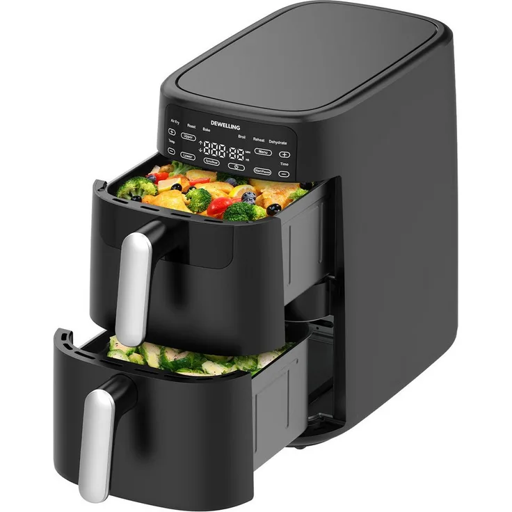 AIMAX Heißluftfritteuse ADS-5353A, 10L Dual-Korb Air Fryer mit 2700W, 6 Kochprogrammen und Digitaldisplay, fettarmes Frittieren, 360° Luftzirkulation