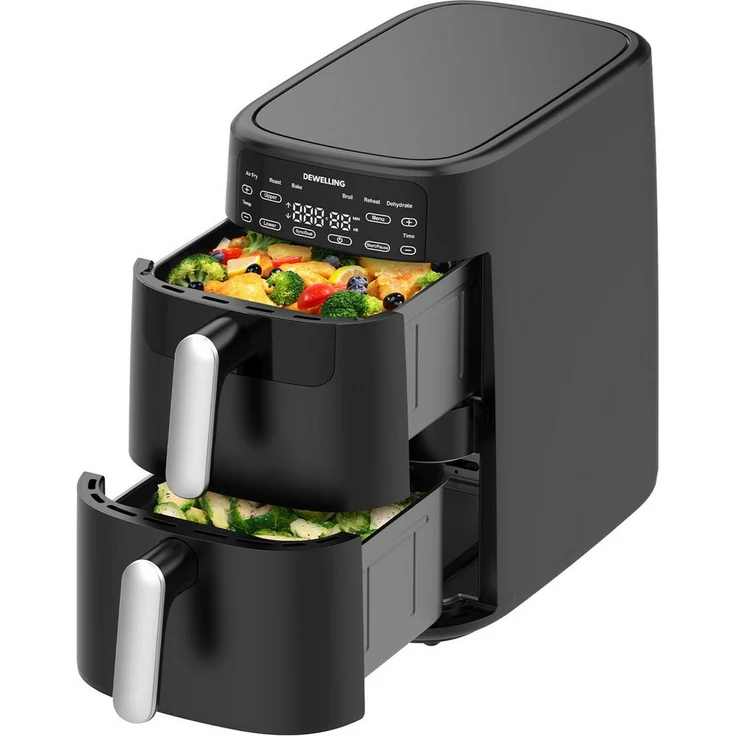 AIMAX Heißluftfritteuse ADS-5353A, 10L Dual-Korb Air Fryer mit 2700W, 6 Kochprogrammen und Digitaldisplay, fettarmes Frittieren, 360° Luftzirkulation