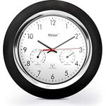 Mebus Funk-Wanduhr mit Thermometer und Hygrometer/schwarzer Rahmen/weißes Zifferblatt / 24cm Durchmesser/Rund/Modell: 19453 / Farbe: Schwarz, Weiß