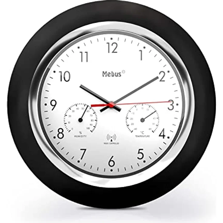 Mebus Funk-Wanduhr mit Thermometer und Hygrometer/schwarzer Rahmen/weißes Zifferblatt / 24cm Durchmesser/Rund/Modell: 19453 / Farbe: Schwarz, Weiß – Bild 1