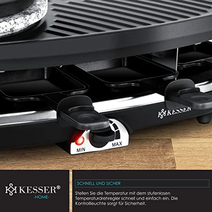 Kesser 3in1 Raclette-Grill mit Naturgrillstein, 1500W, Grillplatte und Fondue, Tischgrill für 8 Personen, Elektrogrill Raclette Grill antihaftbeschichteter Grillplatte, 8 Pfannen und Holzspatel, silber, schwarz – Bild 5