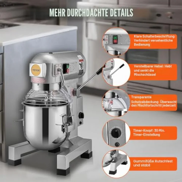 VEVOR Kommerzieller Küchenmixer B15B, 14 l Standmixer mit 3 Geschwindigkeiten, 550 W, Edelstahl-Schüssel und 3 Aufsätzen, funkeln Silber – Bild 6