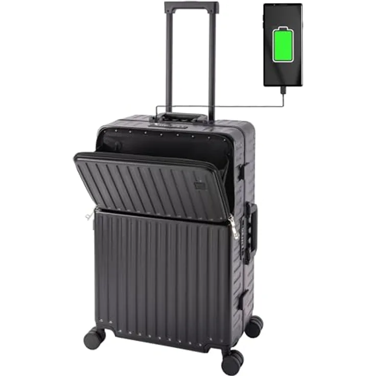 Travelhouse Roma Reisekoffer mit USB & Getränkehalter, Hartschale, Alu-Rahmen, Extrafach, 2xTSA, 65x40x25 cm, Grün