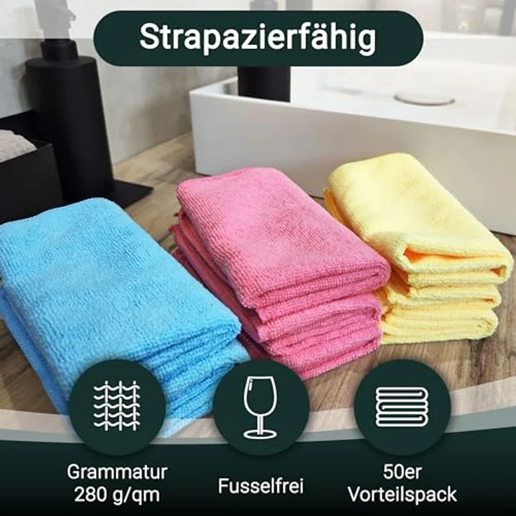 ZOLLNER 50er Set Mikrofasertücher, flusenfrei und saugstark, waschbar bis 60°C, 32x32cm, Hotelqualität für streifenfreien Glanz – Bild 3