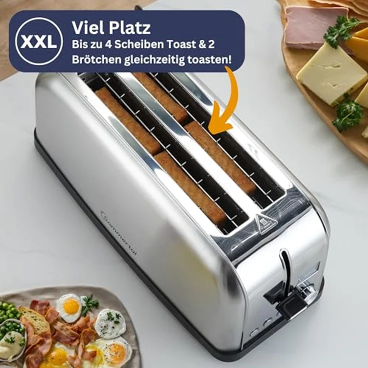 Sommertal Toaster ST1500 XXL, Langschlitztoaster mit Brötchenaufsatz, Display und Timer, Retro Design Edelstahl 1500W – Bild 4