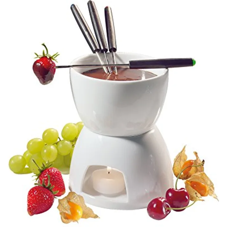 Cilio Schokoladenfondue 6-tlg. , Schokoladen-Fondue-Set aus feuerfestem Hartporzellan , ø 12 cm , Inkl. Fonduetopf, Rechaud, 4 Fonduegabeln und 1 Teelicht , zum Eintauchen von Obst