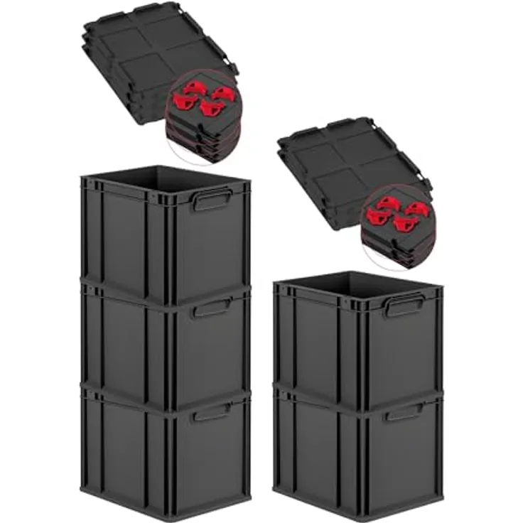 PROREGAL Eurobox NextGen Grip, SparSet 5x mit Auflagedeckel & 4 roten Schiebeschnappverschlüssen, 30L, Schwarz, HxBxT 32x30x40cm, robust, stapelbar, umweltfreundlich