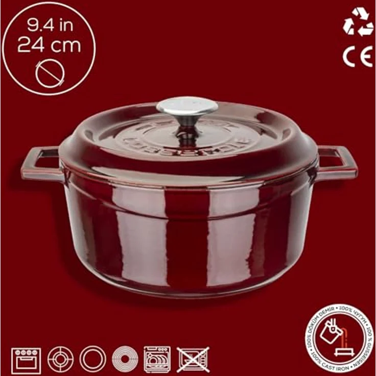 LAVA Gusseisentopf mit Deckel, emailliert, Ø 24 cm, 4,49 Liter, Rot, backofengeeignet, spülmaschinengeeignet, energiesparend – Bild 4