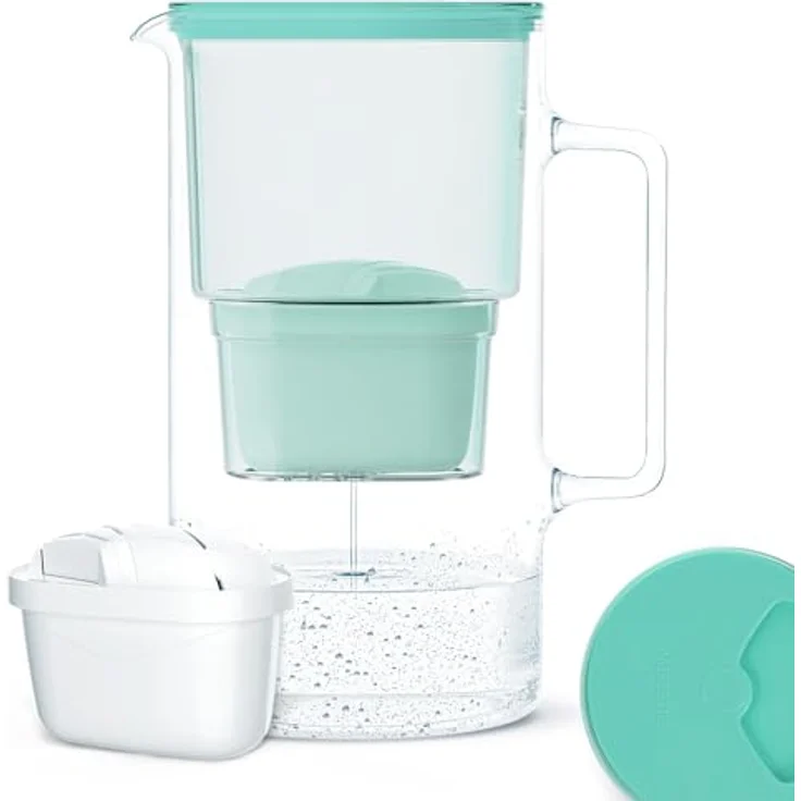 Wessper Crystaline 3L Wasserfilterkanne aus Glas, Inkl. 1 AquaMax Filter, Reduziert Kalk und Chlor, Minze – Bild 1