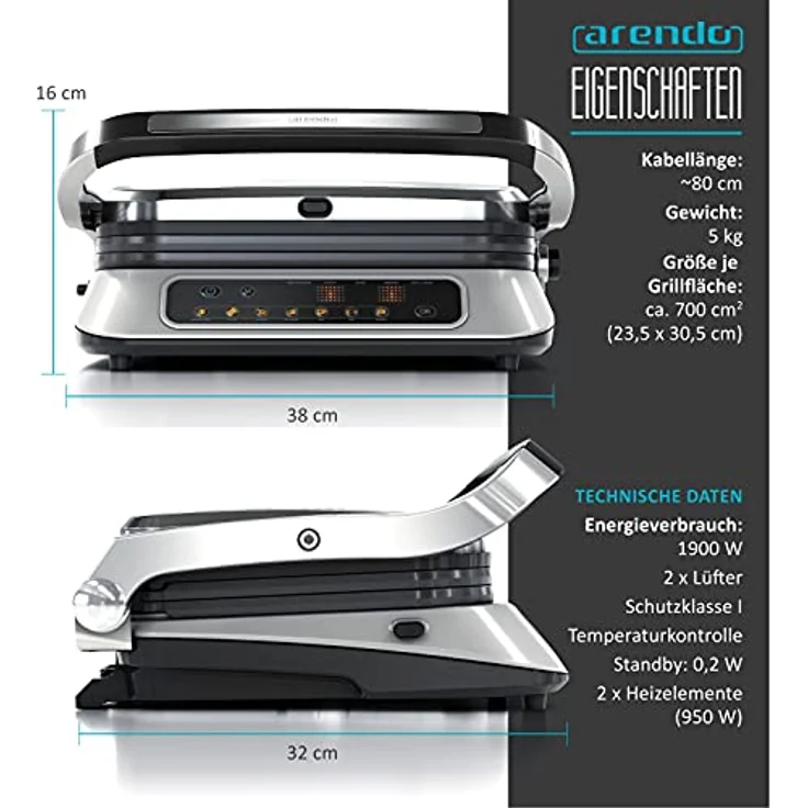 Arendo Kontaktgrill - Elektrogrill mit Digitalsteuerung 1900 W - elektrischer Tischgrill Sandwichmaker - 7 Programme - antihaft beschichtetes Edelstahl - abnehmbare Platten Abtropfschale - GS – Bild 5