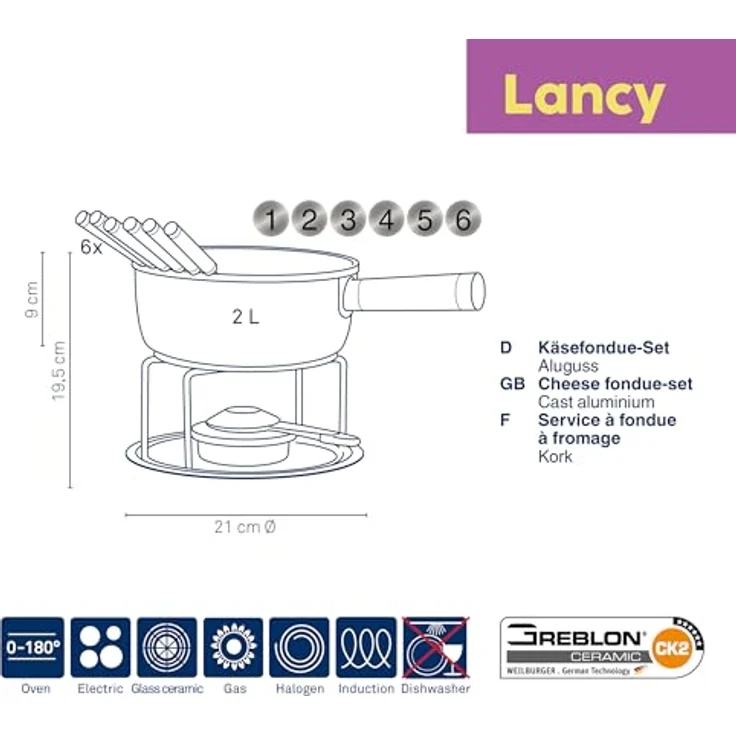 Kela 16564 Käsefondue-Set, 10-teilig, Keramisch beschichtet, Aluguss, Induktionsgeeignet, 1 L Lancy, grau – Bild 3