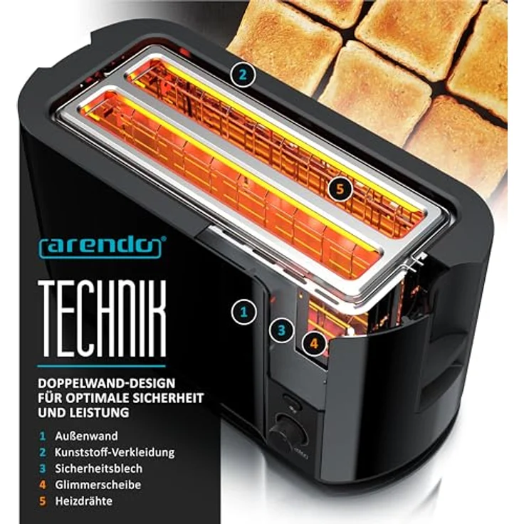 Arendo Frukost Edelstahl Toaster Langschlitz 4 Scheiben mit Defrost Funktion, wärmeisolierendem Gehäuse, integriertem Brötchenaufsatz, Krümelschublade und Display Restzeitanzeige in Klavierlack schwarz – Bild 4