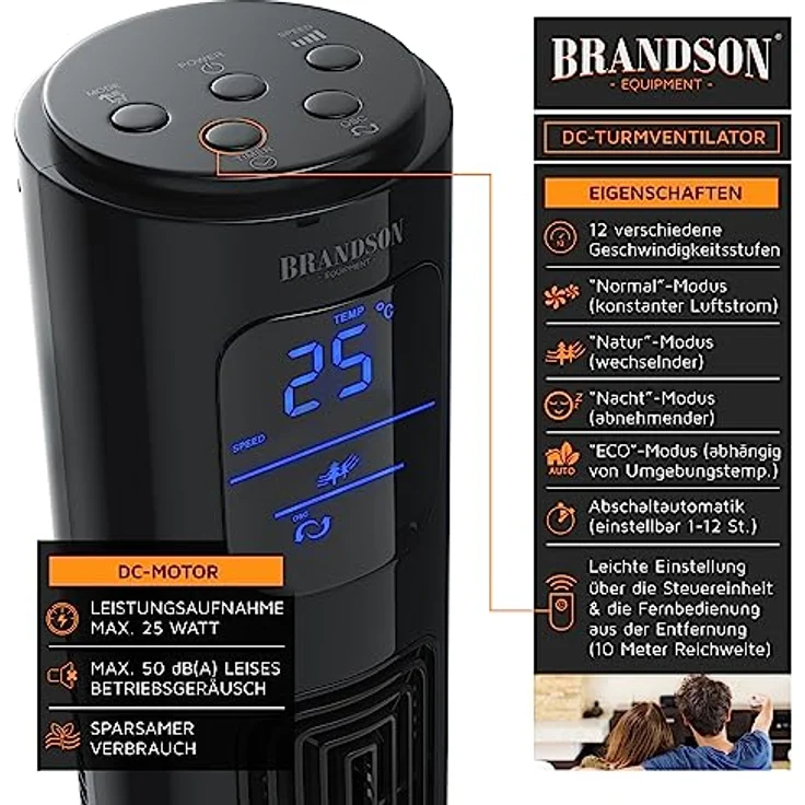 Brandson - ECO Turmventilator Silent mit DC-Motor - Testsieger 2023-12 Geschwindigkeiten - Ventilator Standventilator - Timer - inkl. Fernbedienung – sehr leise - energiesparend – Bild 3