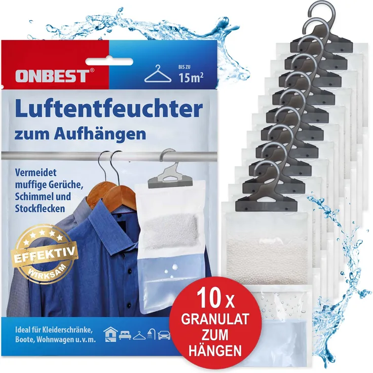 ONBEST Luftentfeuchter zum Aufhängen | 10 x 245 g | Granulat | Nachfüllpack | Universal