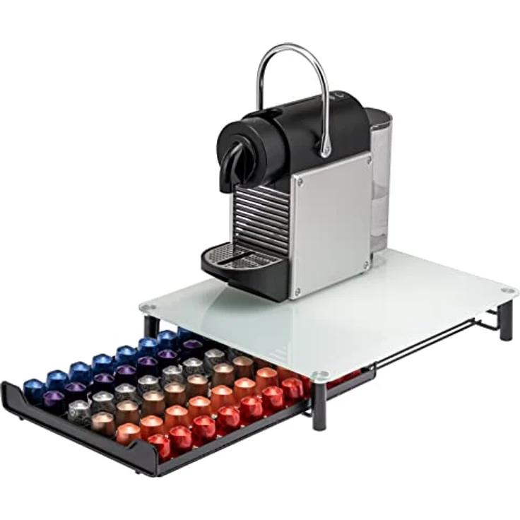 bremermann Kaffeekapsel-Box für 60x Nespresso, Schubladenbox aus Metall mit Glasplatte, Kapselhalter und Kapselspender, ca. 31 x 7 x 40,5 cm (Weiß) – Bild 1