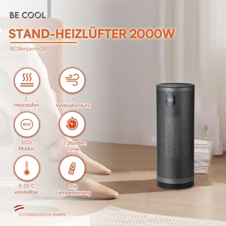 BE COOL Digitaler Stand-Heizlüfter "Benjamin" BCBenjamin26, 2000W mit Fernbedienung, 3 Heizstufen, ECO-Modus, integrierter Staubfilter – Bild 2