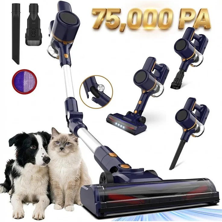SWGOTA Akku-Hand- und Stielstaubsauger SWGOTA, 75000Pa Saugkraft, 40Min Laufzeit, 1.7L, kabellos, 50dB leise, 6-Stufen-Filter, LED Display