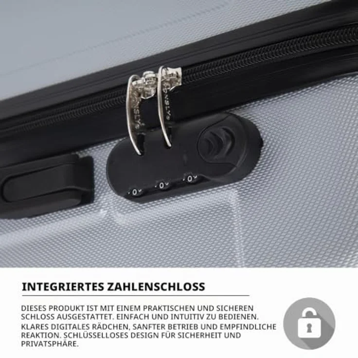 YONSLY Trolley Koffer Suitcase M, Hartschalenreisekoffer mit 4 Rollen 360°, integriertes Zahlenschloss, weicher Gummigriff, Silber – Bild 3