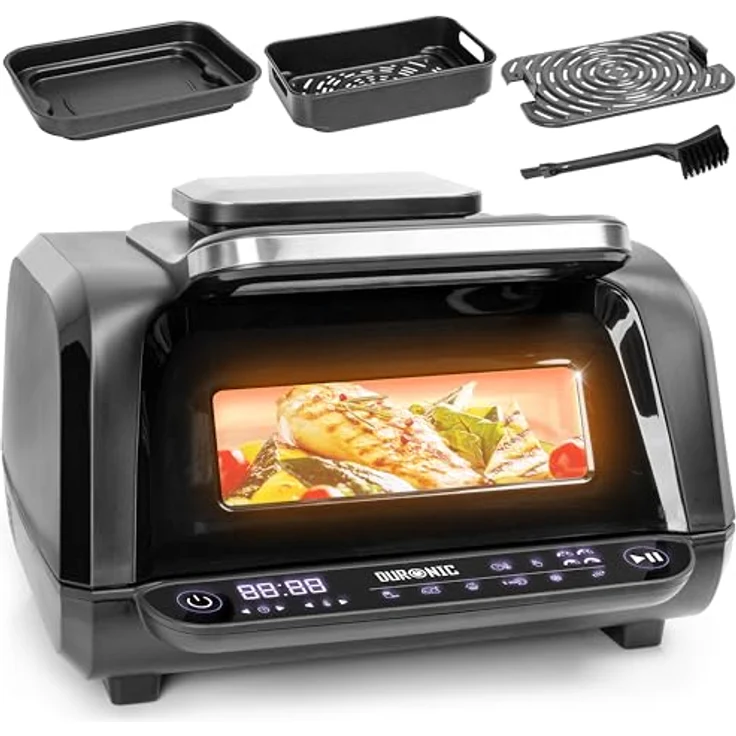 Duronic FG19 Air Fryer Grill | Heißluftfritteuse für Süßkartoffel-Pommes | Mini Backofen mit 3 Backleche | 2 Personen HLF Friteuse | Fritteuse zum Brot backen, schwarz – Bild 1