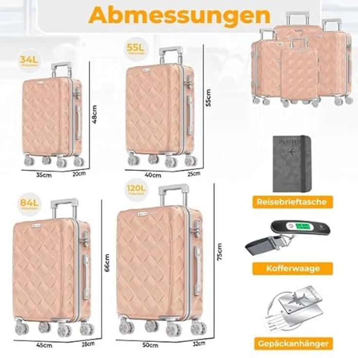 KESSER® Reisekoffer Set 4-teilig, ABS Hartschalenkoffer mit Zahlenschloss, Kofferwaage & Reisebrieftasche, 360° Rollen, Handgepäck & große Koffer in Nude Grey – Bild 2
