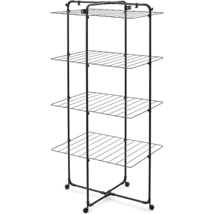 Brabantia HangOn Tower Drying Rack, klappbarer Turmwäscheständer mit 30 m Trockenfläche, mattschwarz, platzsparend mit Rollen und Aufhängehaken – Bild 1