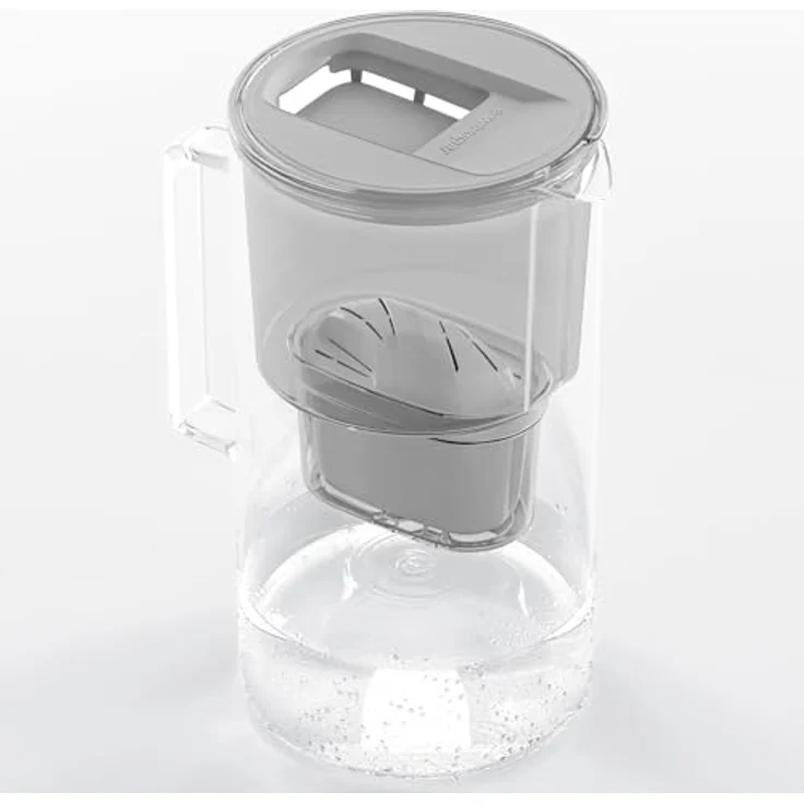 Wessper Crystaline Wasserfilterkanne aus Glas 3L, kompatibel mit Brita Maxtra, inklusive 1 Wasserfilter-Kartusche, reduziert Kalk und Chlor, Grau – Bild 2