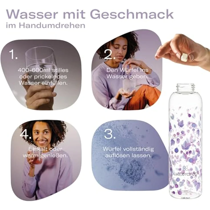 waterdrop® Weihnachts-Geschenk Set: Glasflasche mit 18 Microdrinks - 6 Sorten, 600ml Borosilikatglas, Trinkflasche Kohlensäure geeignet, Zuckerfreies Pulver, Geschenkset für Frauen & Männer – Bild 3
