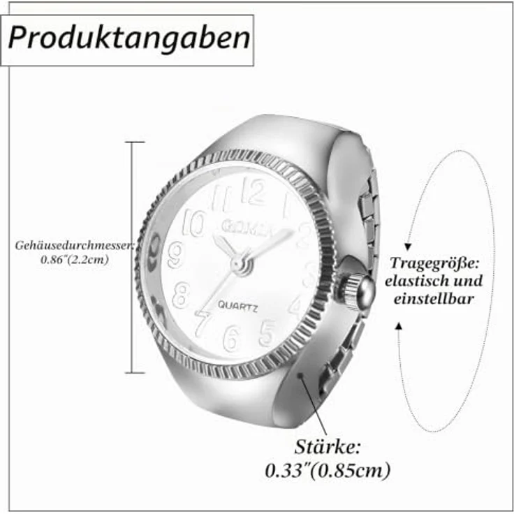 JewelryWe Fingeruhr Ringuhr - Silber Analog Quarz mit stretchbarem Edelstahlband und arabischer Ziffernskala, 10m wasserdicht, Geschenk für Damen und Herren – Bild 4