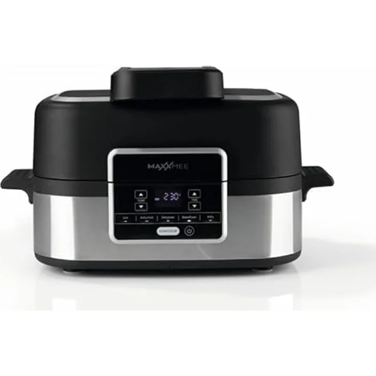 MAXXMEE Multi-Grill mit Heißluft-Funktion 1500w | Ober-/Unterhitze Tischgrill Antihaftbeschichtung | XL Garraum 4,5L zum Perfekten BBQ Look | 5 Programme & LED Display [Schwarz Silber/Kunstoff Stahl]