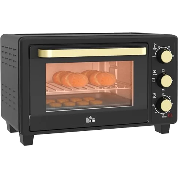 HOMCOM Minibackofen 16 L 1400W Mini Backofen 100-230℃ 60 Min. Timer, mit Grillrost und Backblech, Pizzaofen mit Tablettgriff, Krümelblech Schwarz