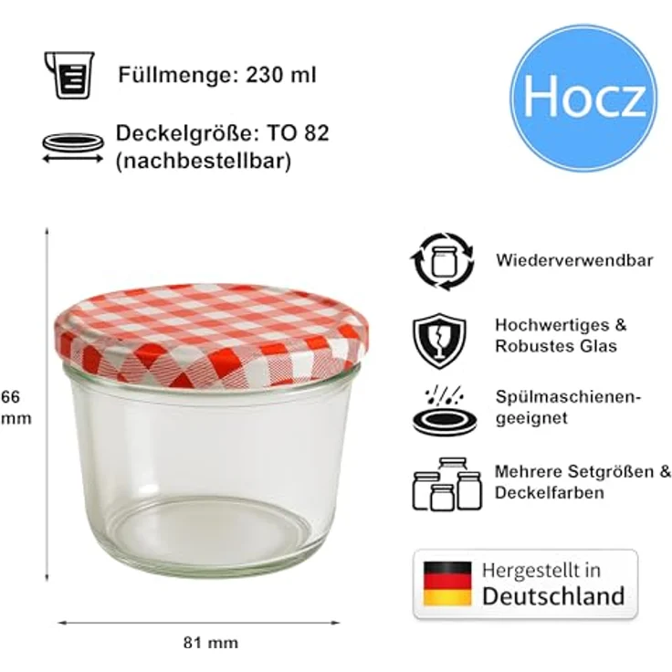 hocZ 25x Marmeladengläser 230 ml, Einmachgläser mit Rot Kariert Deckel, luftdicht mit Etiketten, Spülmaschinenfest, Set mit 25 Stück – Bild 2