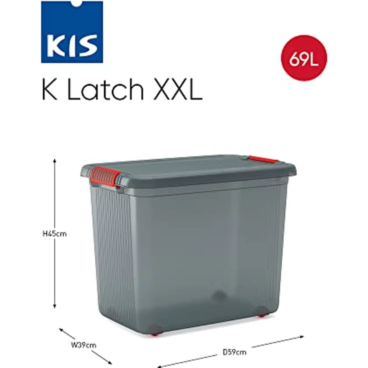 KIS K Latch Box XXL Körper + Deckel mit Clips 59 x 39 x 45 H, Grau transparent, 59.1 x 39 x 87.5 – Bild 2