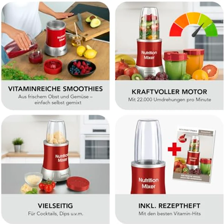 GOURMETmaxx Nutrition Mixer Deluxe 10-teiliges Set für Smoothies & Co. | 22.000 Umdrehungen für extra vitaminreiche Smoothies aus Obst & Gemüse | Inklusive 3 Bechern, To-Go Deckel, Rezepten und mehr – Bild 4