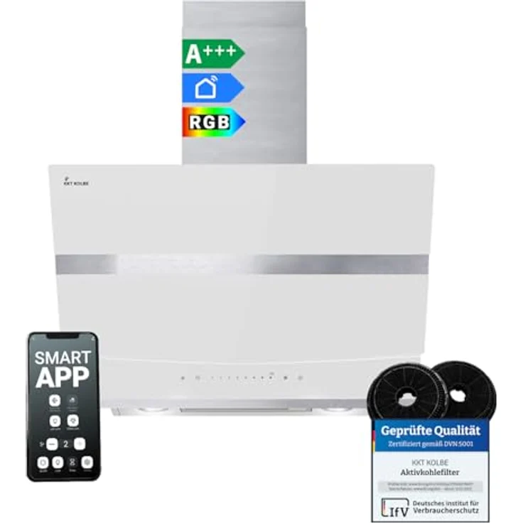 KKT KOLBE HERMES6005WM, Dunstabzugshaube 60 cm, A+++ Energieeffizienz, 782 cbm/h, kopffrei, Edelstahl mit weißem Glas, WLAN, RGBW-LED-Beleuchtung, SensorTouch Bedienung – Bild 1