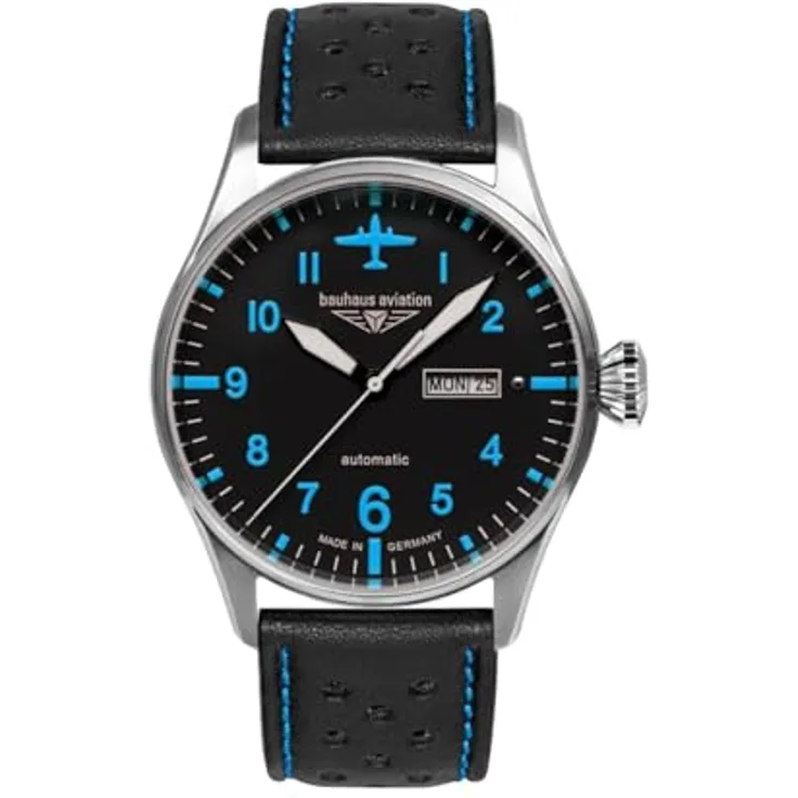 Bauhaus Aviation Tornado, Automatik-Uhr mit schwarzem Ziffernblatt und blauen Leuchtanzeigen, Edelstahlgehäuse, Japanisches Citizen-Miyota 8205 Uhrwerk