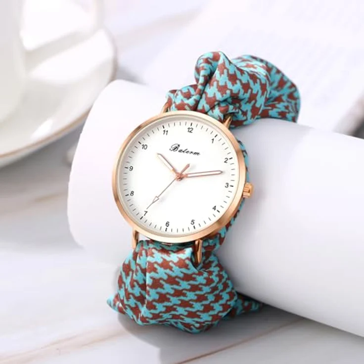 JewelryWe Damenuhr mit elastischem Haarband, Mintgrün, Hahnentrittmuster, Analog Quarz, Multifunktionale Armbanduhr – Bild 5