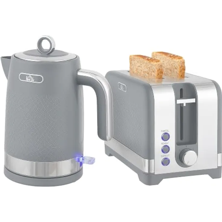 HOMCOM Wasserkocher- und Toaster-Set, 2200 W mit Thermostat, 1,7 l Wasserkocher und 2-Scheiben-Toaster, Grau