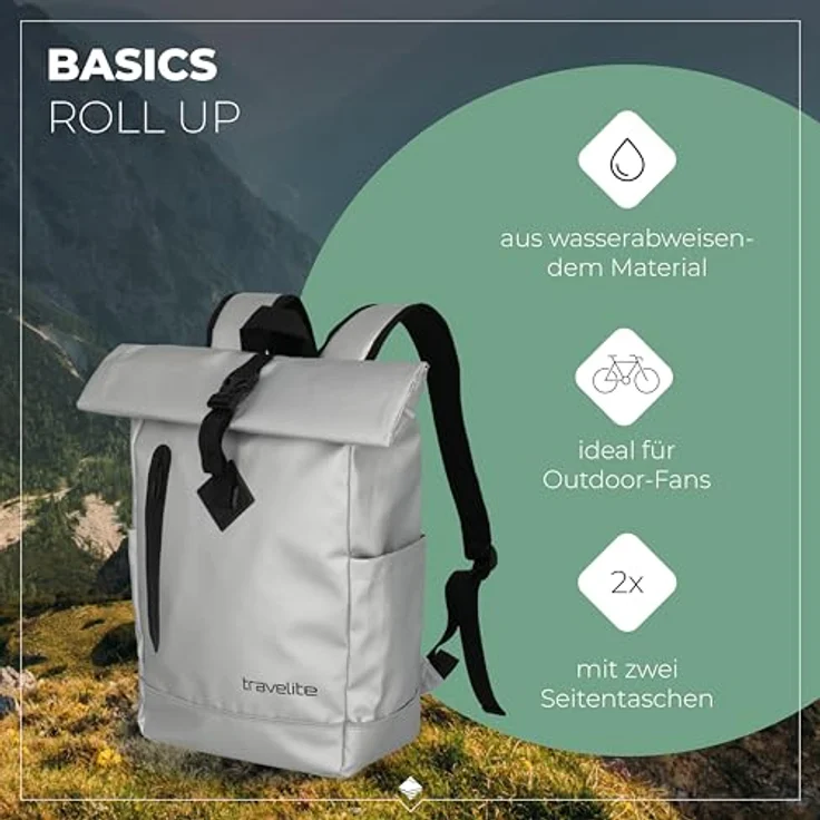 travelite BASICS Roll-Up Rucksack, Freizeitrucksack für Wandern und Reisen, wasserfestes Plane-Material, atmungsaktive Rückwand, in Trendfarben erhältlich – Bild 2
