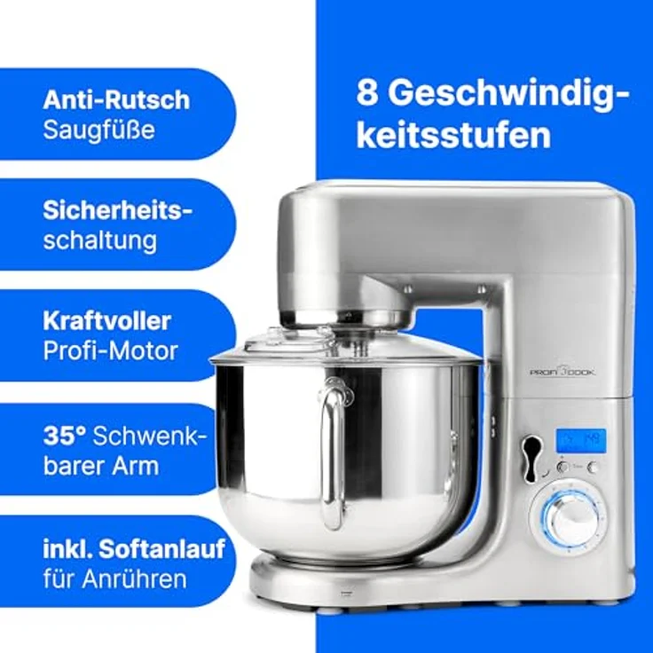 ProfiCook PC-KM 1096 XXXL-Küchenmaschine, 10 Liter Edelstahlschüssel, Alu-Druckguss-Gehäuse, LCD-Display, 1500 Watt, Edelstahl – Bild 3