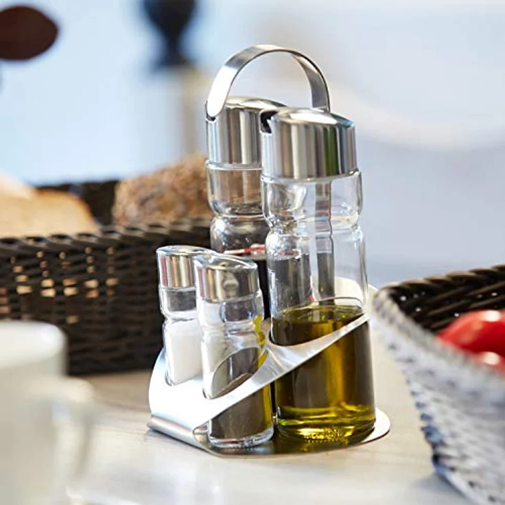 Westmark 4er-Menage für Salz, Pfeffer, Öl und Essig, Mit passendem Ständer, 5-tlg., 2 Streuer und 2 Flaschen, Fassungsvermögen: 40-160 ml, Edelstahl-Glas, Wien, Silber-Transparent, 65052260 – Bild 11