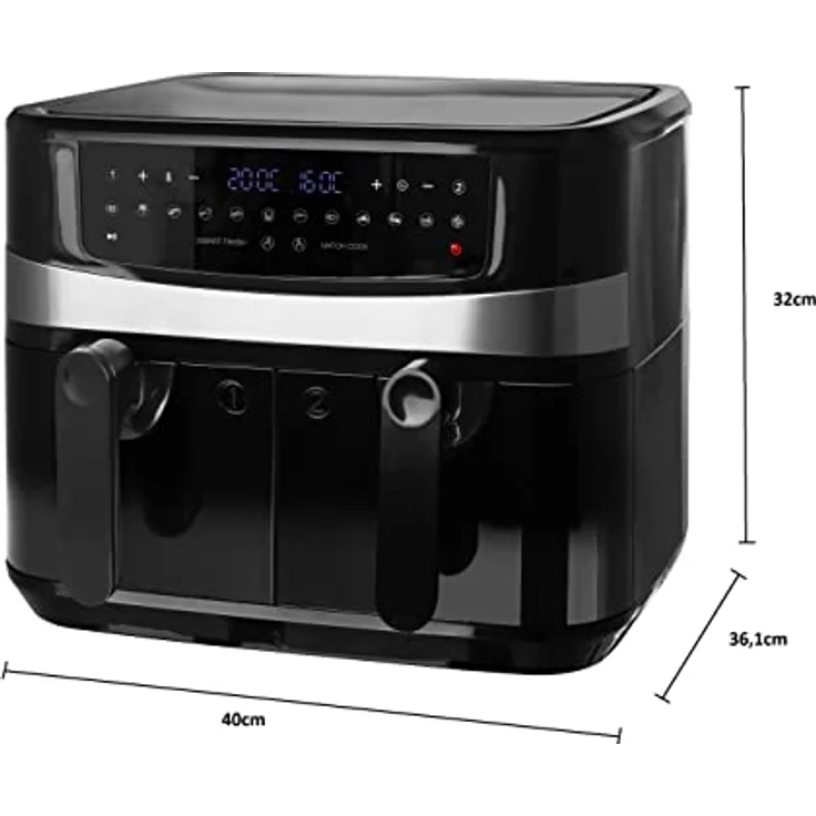 Emerio AF-126672 Heißluftfritteuse, Doppel, Frittieren ohne Fett, 2 x 4,5 Liter, 12 Kochprogramme, 2400 Watt, LED-Display, schwarz – Bild 4