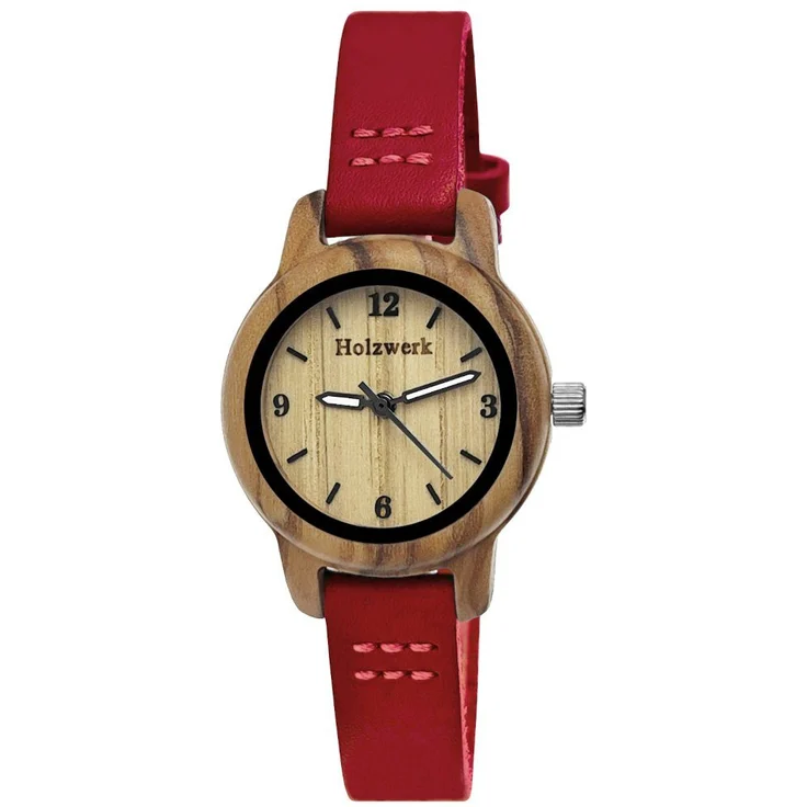 Holzwerk Quarzuhr CLARA RED kleine Damen Holz & Leder Armband Uhr, dunkel rot, beige - Zierliche Armbanduhr mit fluoreszierenden Uhrzeigern und hochwertigem japanischem Quarzwerk – Bild 1