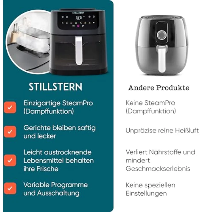 Stillstern Heißluftfritteuse 8L XXL – Dampffunktion, Sichtfenster, 1800W, 8 Programme, 3 Funktionen, 120-Min-Timer, Shake-Funktion, 120 Rezepte [Deutsch] – Fritteuse ohne Öl für knusprige Ergebnisse, silber – Bild 2