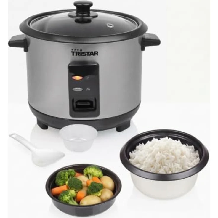 Tristar RK-6144 Reiskocher, 1 L Kapazität für bis zu 5 Portionen, Edelstahlgehäuse, Antihaft-Innentopf, Dampfeinsatz, Warmhaltefunktion, 400 W – Bild 1