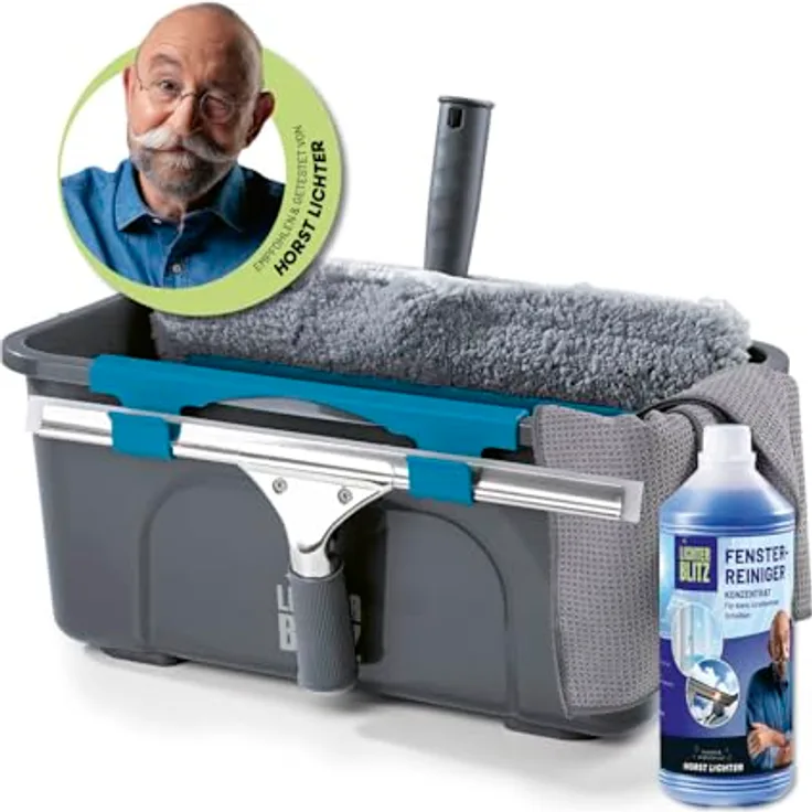 LICHTERBLITZ Fensterreiniger Set komplett, inkl. 12-Liter Eimer, Fensterabzieher, Wischer, Mikrofasertuch & Reinigungsmittel, für Haus & Auto