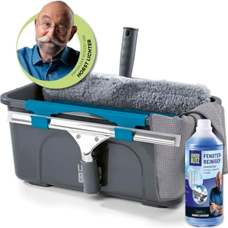 LICHTERBLITZ Fensterreiniger Set komplett, inkl. 12-Liter Eimer, Fensterabzieher, Wischer, Mikrofasertuch & Reinigungsmittel, für Haus & Auto – Bild 1